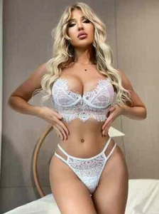 Sexy Floral Lace Cut-out White Lingerie Set Bralette Thongs Sleepwear Size S - Picture 1 of 5