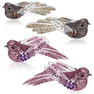 4x Christbaumschmuck Deko Vogel mit Pailletten - Vogel mit Clip - rosa/braun - Bild 1 von 3