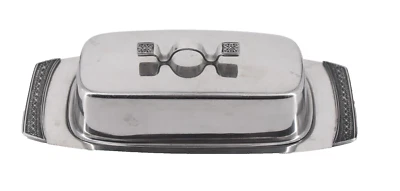 VTG Madeira Butter Dish 3-Piece Stainless Steel Cover w/Glass Insert 8.5" CHIP - Image 1 of 4