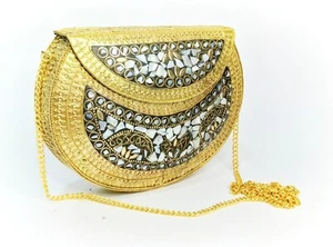 Mosaik Metall MOP Clutch mit goldenem Akzent Schulterriemen Partykleidung Handtasche - Bild 1 von 12