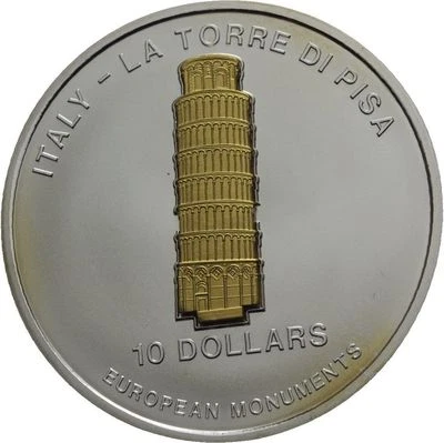 2006 Nauru Large Silver Goldplated 3D Proof 10$ Tower of Piza - Image 1 of 2