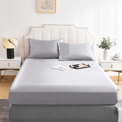 Satin Fitted Sheet Silver Grey King 150x200cm Silky Satin Bed Sheets with T... - Image 1 of 4