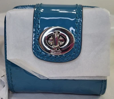 New Coach Signature Embossed C Wallet Teal Patent Leather Slim Silver Turn Lock - Image 1 of 4