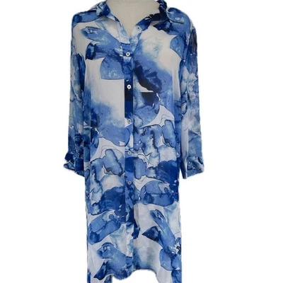 NWT Slim Factor Women's Blue Floral Button Front Duster Coatigan Shirt Tunic M - Image 1 of 4