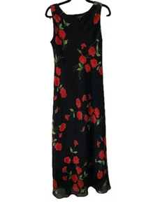 Ronni Nicole Vintage Sundress 10 Maxi Roses Black Red Tank Style Chiffon Lined  - Picture 1 of 9