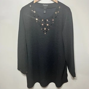 Maggie Barnes Tunic Black Textured Knit Jewel Embellished Split V Neck Dressy 3X - Picture 1 of 6