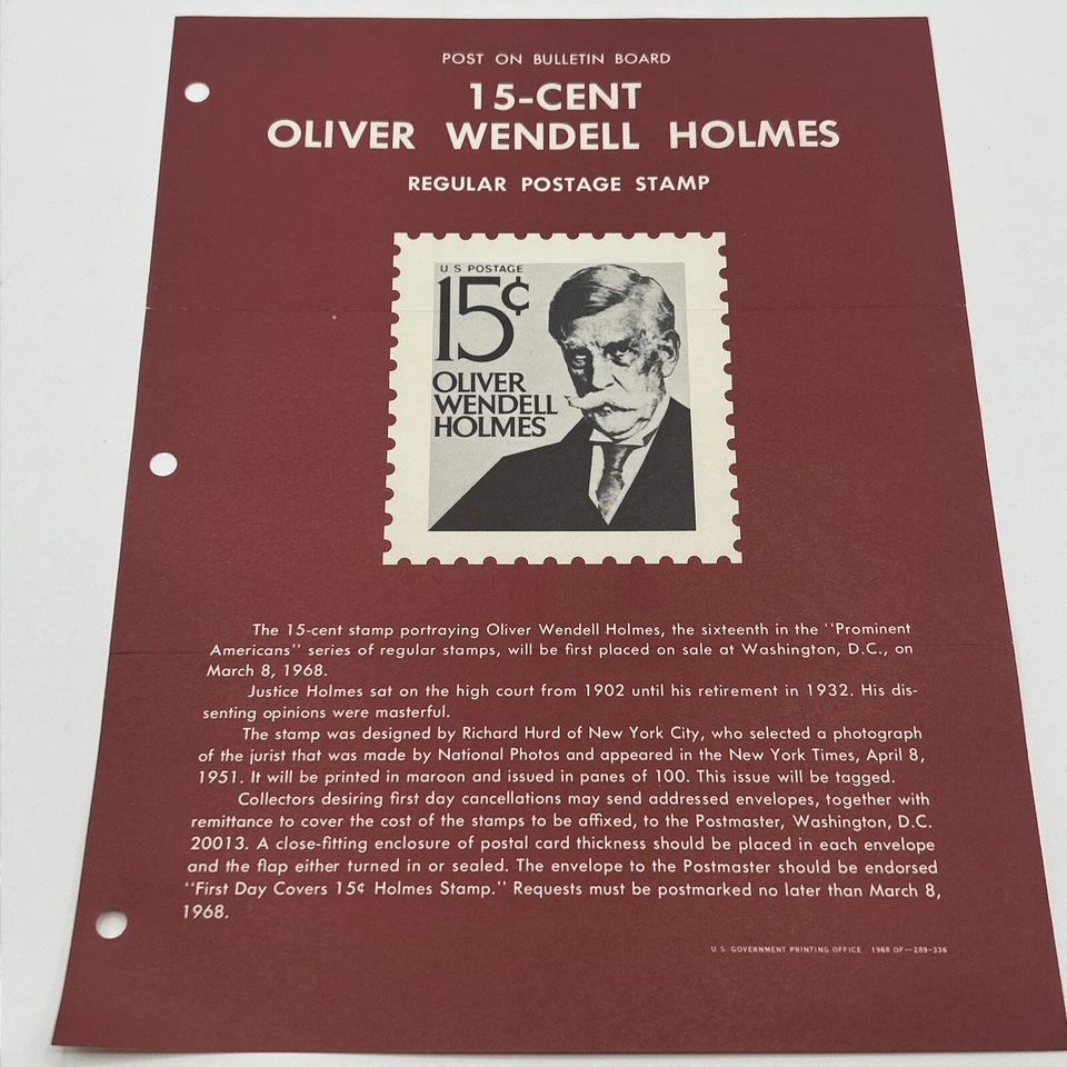 1968 15¢ Oliver Wendell Holmes Regular US Postage Stamp FDC Advertising - Image 1 of 4