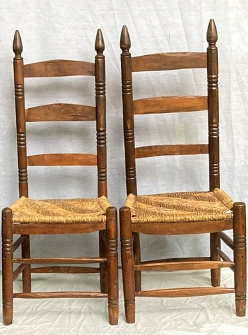Antique Ladderback Pair Wooden Dining Highback Chairs with Rush Seat - Rare!! Cover