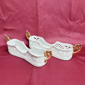 Porcelain Treasures Flatware Holder Set of 2 White Gold Trim Cutouts 10” long  - Picture 1 of 13