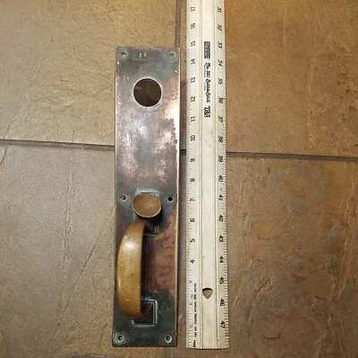Antique Thumb Latch Brass Entry Door Handle With Original Copper Look Door Plate - Image 1 of 4