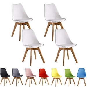 Modern Mid-Century Plastic Dining Chair Padded Seat and Wooden Legs Set of 4 - Picture 1 of 45