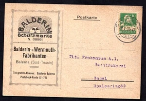 SWITZERLAND 1924 ADVERTISING BALDERIN SCHUTZMARKE ON POST CARD BAERNA TO BASEL - Picture 1 of 2