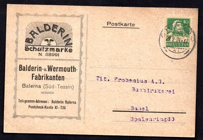 SWITZERLAND 1924 ADVERTISING BALDERIN SCHUTZMARKE ON POST CARD BAERNA TO BASEL - Image 1 of 2