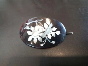 Brown epoxy (resin) oval barrette with mother of pearl flowers - Picture 1 of 3