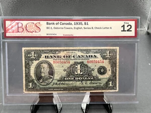 1935 Bank Of Canada $1 Bank Note Series B BCS Graded F-12 SN# B0050454 - Picture 1 of 5