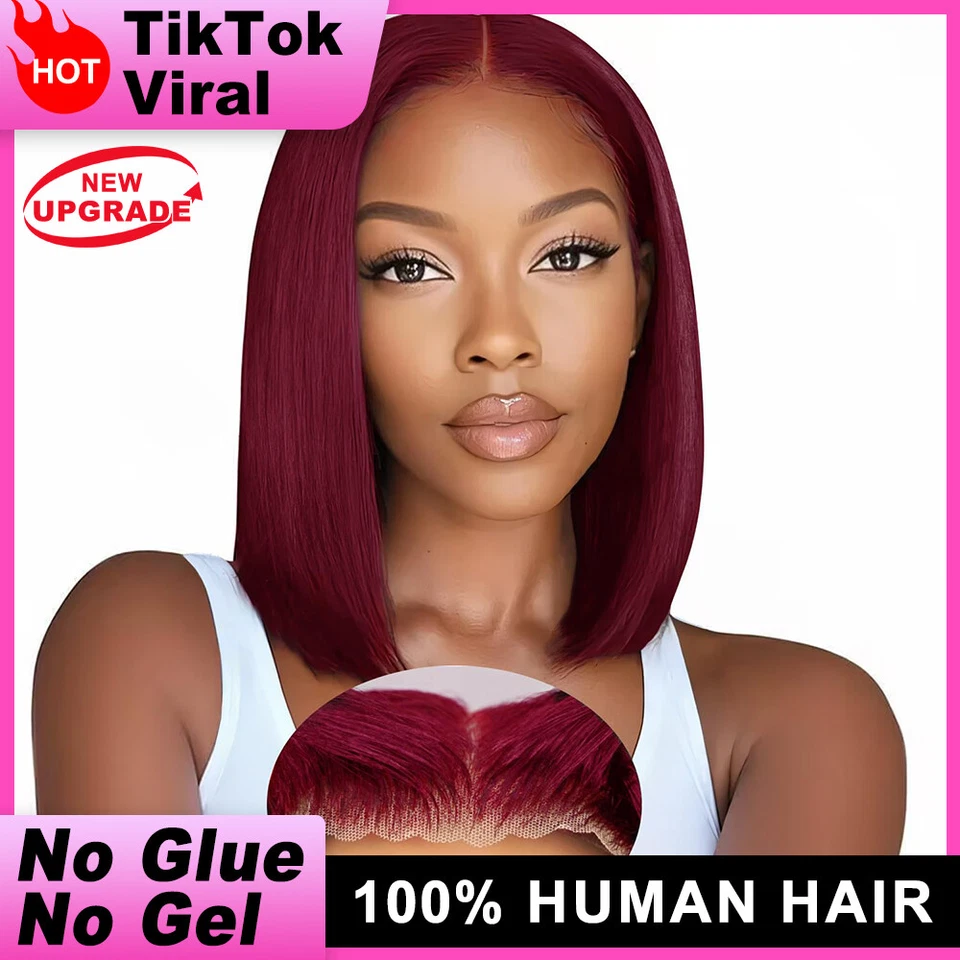 Pelucas Bob Borgoña 99j Cabello Humano 9x6 HD Cierre de Encaje Peluca Bob Sin Pegamento Foto 1 de 4