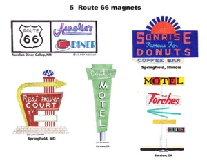 Route 66 Signs Sunrise Donuts, Cactus Motel 5 imanes de refrigerador Andy Fletcher - Imagen 1 de 1