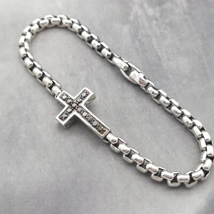 David Yurman 925 Sterling Silver Black Diamond Cross 5'mm Box Chain 8" Bracelet - Picture 1 of 8