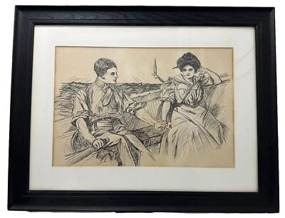 1911 Original Ink On Paper Out Boating In The Style Of A Gibson Girl Signed SHF - Image 1 of 4