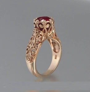 1.60ct Lab Created Red Ruby Unique Filigree Solitaire Ring in Rose Gold Plated - Picture 1 of 9