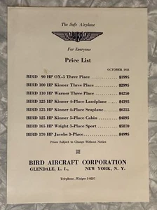1931 BIRD AIRCRAFT CORPORATION THE SAFE AIRPLANE FOR EVERYONE PRICE LIST LI NY - Picture 1 of 1