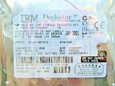 07N4114 IBM 15GB 7200RPM INTERNAL HARD DRIVE DTLA-307015 5V 300mA 12V 500mA - Image 1 of 2
