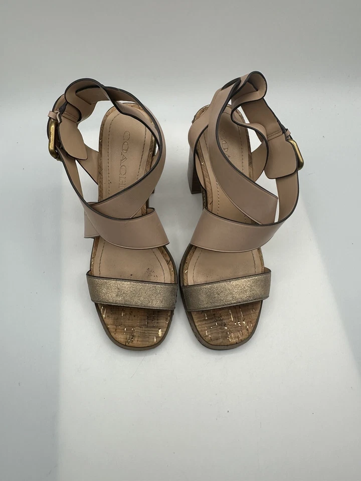 Coach Mandy Metallic Gold & Nude Leather Gladiator Block Heel Sandal Women Sz 7 - Image 1 of 4