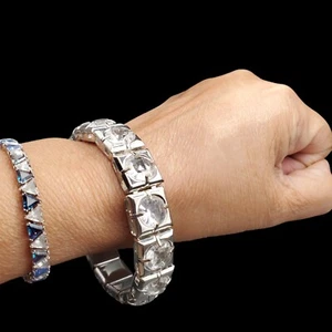 Vintage Large Clear Rhinestones Wide Silver Tone Slip On Bangle Bracelet - Picture 1 of 9