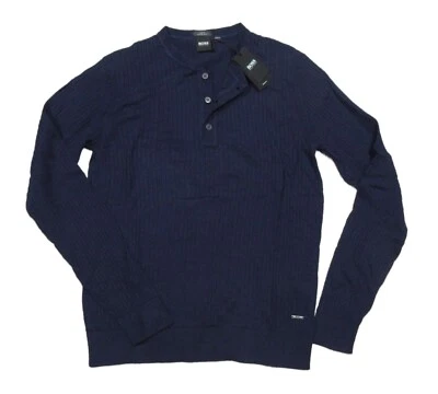 Hugo Boss Black Label Men's Navy Erbi Ribbed Cotton Wool Slim Fit Henley Sweater - Image 1 of 3