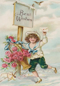 Best Wishes Child Basket of Roses Postcard - Picture 1 of 3