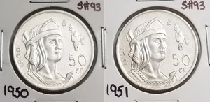 México 50 Centavos Cuauhtémoc 1950-1951 Lote 2 Monedas Plata .300, SERIE COMPLETA - Imagen 1 de 6