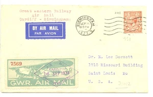 ENGLAND 1933 SPEC FLIGHT CV.= G.W.R.= LABEL -CARDIFF-BIRMINGHAM TO USA VF - Picture 1 of 2