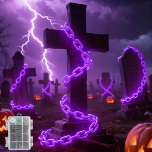 10Ft Purple Halloween Chain Lights Battery Operated with Timer, 8 Modes Hallowee - Picture 1 of 12