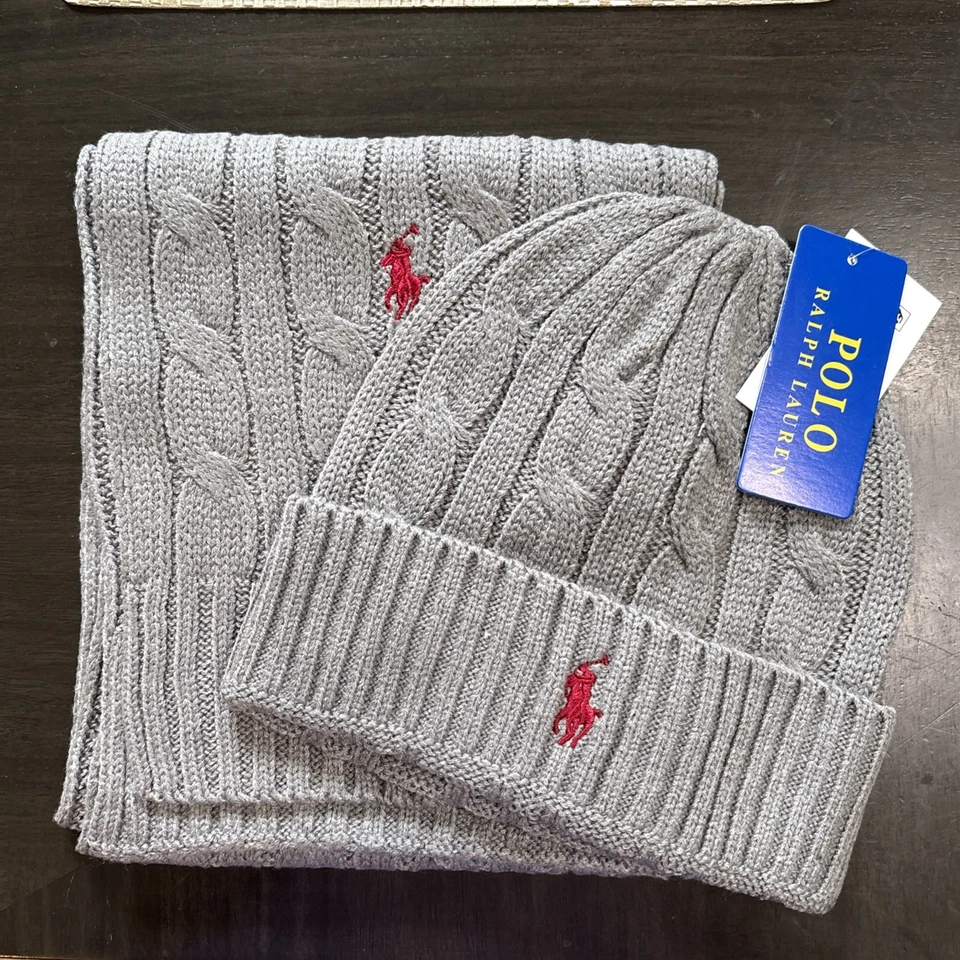 Ralph Lauren 灰色/红色小马男式女式围巾和豆豆帽 2 件套礼物 — 第 1/1 张图片
