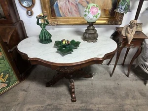 Antique Victorian Table Carved Wood Base Marble Top - Picture 1 of 12