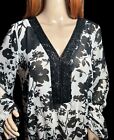 Nicole Miller Black White Floral Top Size 12 XL Sheer Blouse Long Sleeve Top
