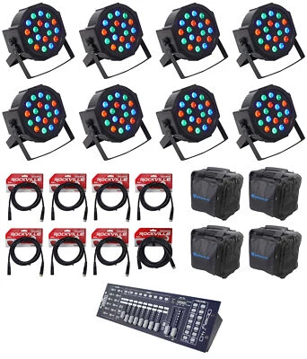 (8) FARENHEIT FHB-118 LED RGB DMX LED PAR Can Wash Lights+Controller+Cables+Bags - Image 1 of 4