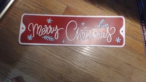 CHRISTMAS-METAL LARGE HANGING SIGN Merry Christmas 18"x 5  1/2 " Aluminum -HOOKS - Picture 1 of 2