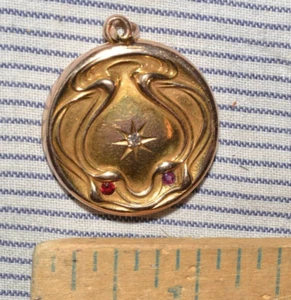 ANTIQUE SOLID 10K GOLD VICTORIAN ART NOUVEAU LOCKET w/ DIAMOND & RUBY (NO CLASP) - Picture 1 of 6