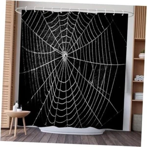 Spider Web Shower Curtain - Black and White Creepy Bathroom Decor - Halloween - Picture 1 of 8