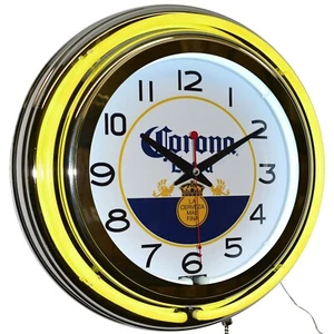Corona Sign Yellow 15" Double Neon Clock Man Cave Diner Pub Bar - Picture 1 of 2