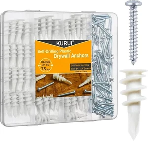 KURUI #8 Self Drilling Drywall Anchors, 100PCs Dry Wall One Size, White  - Picture 1 of 4