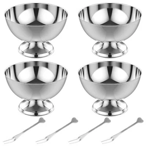 4 Pcs Stainless Steel Ice Cream Bowl Dessert Bowl Portable Pudding Cup w/ 4Fork[ - Picture 1 of 11