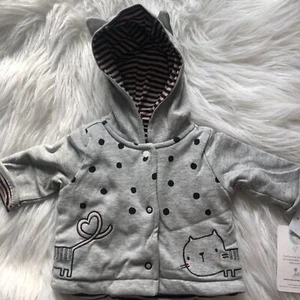 Mac & Moon Kids Jacket Gray Cotton Hoodie Front Button 3/4 Sleeve Cat Dots - Picture 1 of 8