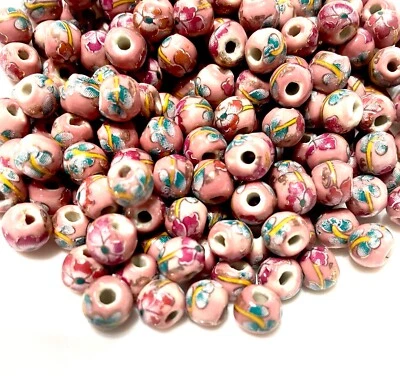 30x Ceramic Beads Porcelain Dusky Pink 6-7mm Handpaint Flower w/ Golden Lining - Image 1 of 4