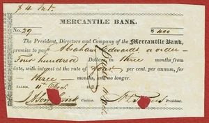 MERCANTILE BANK SALEM MASSACHUSETTS 11. 12. 1828 $400 PROMISSORY NOTE AU - Picture 1 of 2
