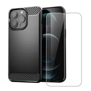 Carbon Case for iPhone 13 Pro Phone Cover and Glass Screen Protector - Picture 1 of 6