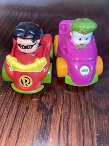 Fisher Price Little People Wheelies DC Comics Joker Purple Car & Robin Red Lot 2 - Picture 1 of 4