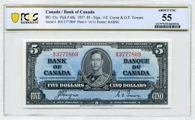 1937 $5 Bank of Canada - Choice About Uncirculated, BC-23c, PCGS AU55 - Image 1 of 2