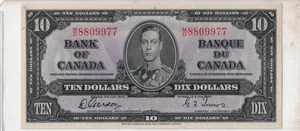 1937 Bank of Canada $10 ten dollar paper money bill UNCIRCULATED UNIQUE SERIAL # - Picture 1 of 2